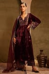 Buy_TABEER INDIA_Wine Kurta Silk Velvet Embellished Resham Round Set _at_Aza_Fashions