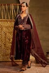 TABEER INDIA_Wine Kurta Silk Velvet Embellished Resham Round Set _Online_at_Aza_Fashions