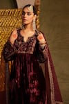 TABEER INDIA_Wine Kurta Silk Velvet Embellished Resham Round Set _at_Aza_Fashions