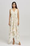 Kunwaraniritu_Cream Cotton Hand Embroidery Floral V Neck Dress  _Online_at_Aza_Fashions