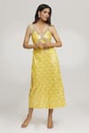 Buy_Kunwaraniritu_Yellow Georgette Embellished Sequins V Neck Dress  _at_Aza_Fashions