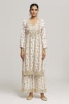 Kunwaraniritu_White Cotton Embroidery Zardozi Tear Drop Neck Kurta With Pant  _Online_at_Aza_Fashions