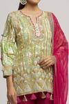 Kunwaraniritu_Green Cotton Embroidery Gota Notched Neck Tunic Pant Set  _Online_at_Aza_Fashions