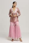 Kunwaraniritu_Pink Georgette Embellished Sequins V Neck Tunic With Sharara  _at_Aza_Fashions