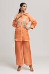 Buy_Kunwaraniritu_Peach Satin Embroidery Floral Collared Placement Shirt With Pant  _at_Aza_Fashions