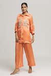 Kunwaraniritu_Peach Satin Embroidery Floral Collared Placement Shirt With Pant  _Online_at_Aza_Fashions