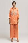 Kunwaraniritu_Peach Satin Embroidery Floral Collared Placement Shirt With Pant  _at_Aza_Fashions