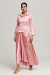 Kunwaraniritu_Pink Satin Placement Applique Floral Collared 3d Shirt With Skirt  _Online_at_Aza_Fashions