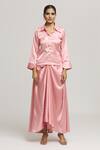 Kunwaraniritu_Pink Satin Placement Applique Floral Collared 3d Shirt With Skirt  _at_Aza_Fashions