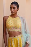 Shop_Chamee and Palak_Yellow Dupion Silk Embroidered Blossom Mirror And Top Palazzo Set _at_Aza_Fashions