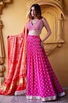 Buy_Chamee and Palak_Pink Georgette Embroidered V Neck Mala Jamewar Lehenga Set  _at_Aza_Fashions