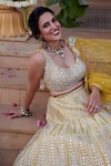 Buy_Chamee and Palak_Yellow Dupion Silk Mia And Leather Applique Work Bridal Lehenga Set  _Online_at_Aza_Fashions