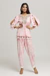 Buy_Kunwaraniritu_Pink Cotton Print Floral Notched Neck Blossom Short Tunic With Pant  _at_Aza_Fashions