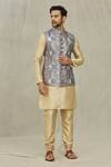 Buy_Aryavir Malhotra_Grey Silk Printed Mughal Bundi And Kurta Set _at_Aza_Fashions