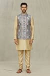 Shop_Aryavir Malhotra_Grey Silk Printed Mughal Bundi And Kurta Set _Online_at_Aza_Fashions