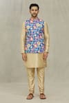 Shop_Arihant Rai Sinha_Blue Cotton, Silk Embroidery Floral Print Bundi And Kurta Set _Online_at_Aza_Fashions