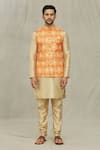 Shop_Aryavir Malhotra_Orange Kurta And Churidar Silk Printed Bandhani Bundi & Set _Online_at_Aza_Fashions