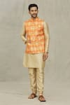 Aryavir Malhotra_Orange Kurta And Churidar Silk Printed Bandhani Bundi & Set _at_Aza_Fashions