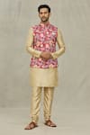 Buy_Aryavir Malhotra_Red Kurta And Churidar Silk Printed Botanical Bundi & Set _at_Aza_Fashions