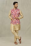 Aryavir Malhotra_Red Kurta And Churidar Silk Printed Botanical Bundi & Set _at_Aza_Fashions