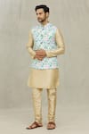 Aryavir Malhotra_Blue Kurta And Churidar Silk Printed Hexagon Bundi & Set _at_Aza_Fashions