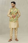 Aryavir Malhotra_Green Kurta And Churidar Silk Printed Bloom Bundi & Set _at_Aza_Fashions