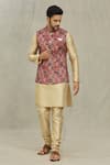 Buy_Aryavir Malhotra_Maroon Kurta And Churidar Silk Woven Flower Bundi & Set _at_Aza_Fashions