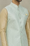 Aryavir Malhotra_Blue Silk Embroidery Thread Checkered Pattern Bundi And Kurta Set _at_Aza_Fashions