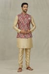 Shop_Aryavir Malhotra_Maroon Soft Cotton Floral Pattern Bundi _Online_at_Aza_Fashions