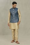 Shop_Aryavir Malhotra_Blue Silk Embroidery Thread Diamond Pattern Bundi _Online_at_Aza_Fashions