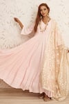 Buy_Monk & Mei_Pink Rayon Embroidered Chikankari V-neck Falak Paisley Anarkali With Dupatta _at_Aza_Fashions