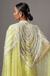 Shop_Mala and Kinnary_Yellow Net Embellished Sequin Cape Baroque Pearl Scallop Saree Set _at_Aza_Fashions