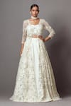 Buy_Mala and Kinnary_Ivory Net Embroidered Pearl Jacket V-neck Scalloped Lehenga Set _at_Aza_Fashions