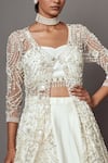Mala and Kinnary_Ivory Net Embroidered Pearl Jacket V-neck Scalloped Lehenga Set _Online_at_Aza_Fashions