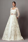 Shop_MALA AND KINNARY_Ivory Net Embroidered Pearl Jacket V-neck Scalloped Lehenga Set _Online_at_Aza_Fashions