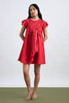 Buy_Echo By Tanya Arora_Red Linen Plain Round Kim Tie Up Draped Dress  _at_Aza_Fashions