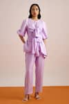 Buy_Echostudio_Purple Linen Plain Round Solid Tie Up Top And Pant Set  _at_Aza_Fashions