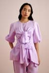 Buy_Echostudio_Purple Linen Plain Round Solid Tie Up Top And Pant Set  _Online_at_Aza_Fashions