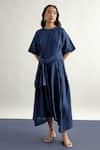 Buy_Echo By Tanya Arora_Blue Linen Plain Round Pleated Dress  _at_Aza_Fashions