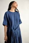 Echo By Tanya Arora_Blue Linen Plain Round Pleated Dress  _Online_at_Aza_Fashions