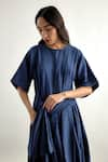 Shop_Echo By Tanya Arora_Blue Linen Plain Round Pleated Dress  _Online_at_Aza_Fashions