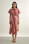 Shop_Echo By Tanya Arora_Pink Cotton Satin Plain Spread Collar Dress _Online_at_Aza_Fashions