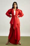 Buy_Echostudio_Red Cotton Plain Spread Collar Jacket And Draped Skirt Set  _at_Aza_Fashions