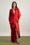 Echostudio_Red Cotton Plain Spread Collar Jacket And Draped Skirt Set  _Online_at_Aza_Fashions