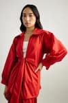 Buy_Echo By Tanya Arora_Red Cotton Plain Spread Collar Jacket And Draped Skirt Set  _Online_at_Aza_Fashions