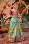 Kalista_Sky Blue Raw Silk Embroidered Floral Kimaya Pattern Lehenga Set _Online_at_Aza_Fashions