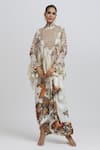 Buy_Anamika Khanna_White Silk Embroidered Floral Mandarin Pattern Kaftan Top And Draped Skirt Set _at_Aza_Fashions