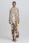 Anamika Khanna_White Silk Embroidered Floral Mandarin Pattern Kaftan Top And Draped Skirt Set _at_Aza_Fashions