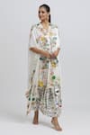 Anamika Khanna_White Silk Embroidered Floral V Neck 3d Kaftan Kurta And Draped Skirt Set _Online_at_Aza_Fashions