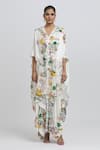 Anamika Khanna_White Silk Embroidered Floral V Neck Kaftan Kurta And Draped Skirt Set _at_Aza_Fashions